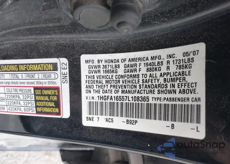 2007 Honda Civic Lx z USA, uszkodzony, nr VIN 1HGFA16557L108365